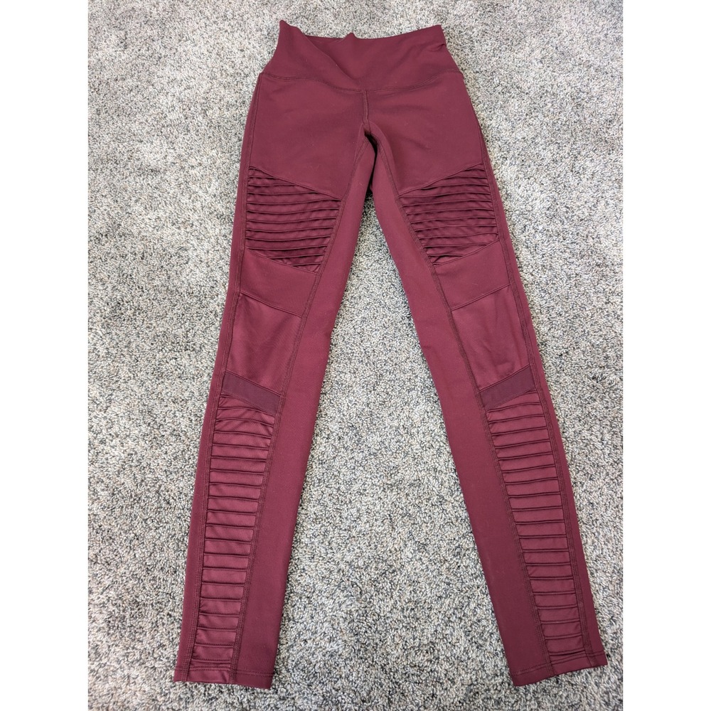 Alo Yoga High Waist Moto Leggings Burgundy XS Mesh Pintuck Activewear